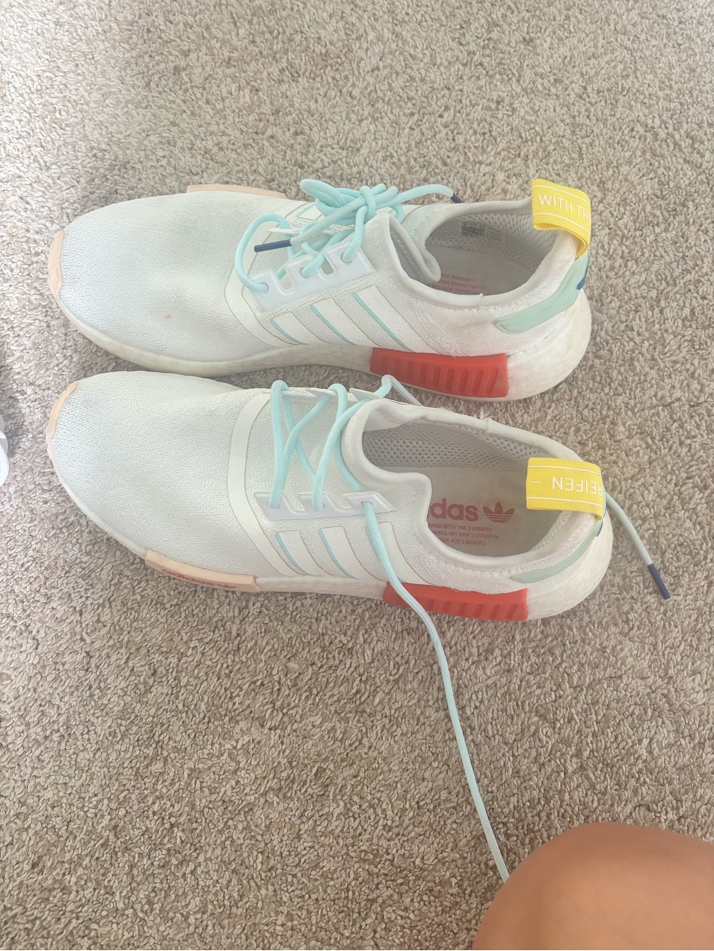 adidas Kids White Sneakers with Mint Laces and Coral Accents